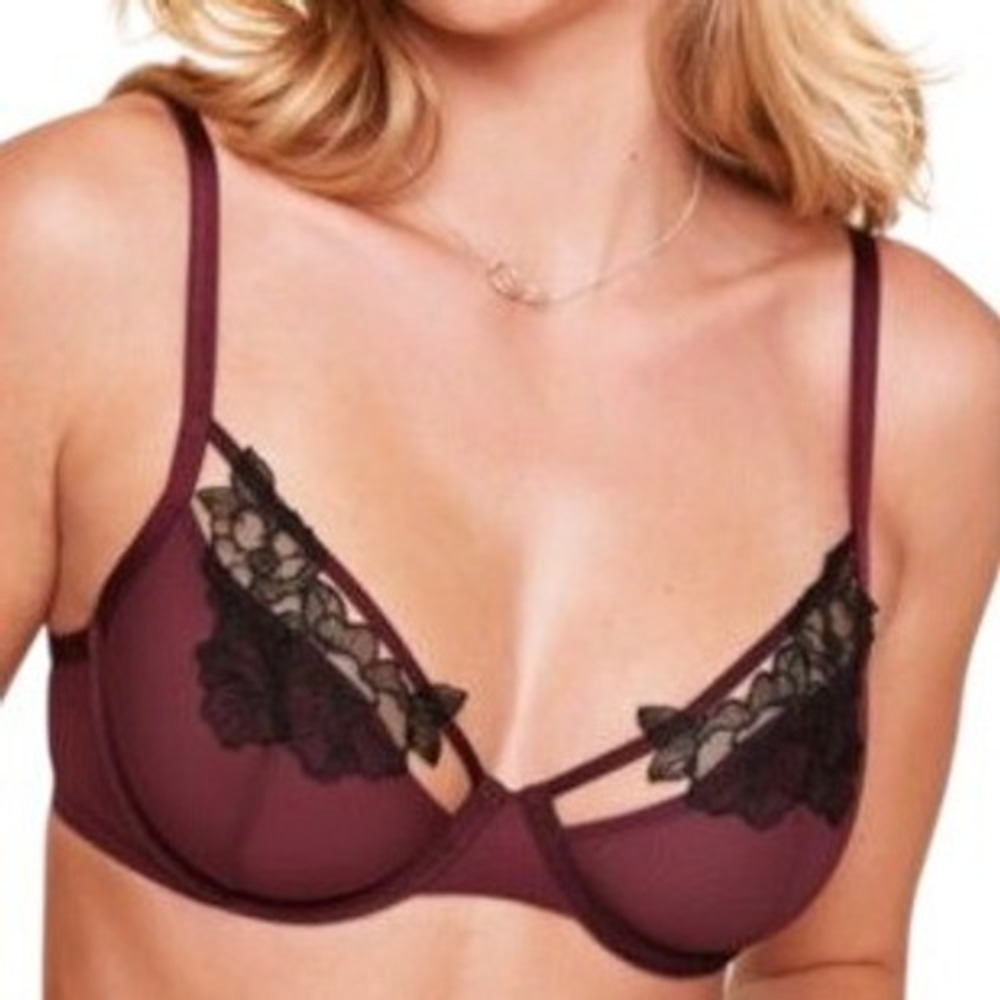 Adore Me Andy Unlined Underwire Sheer Mesh Demi Plunge Bra Burgundy 34B Sexy